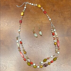 Vintage Beaded Necklace Silvertone Chain Two Strand & earrings
